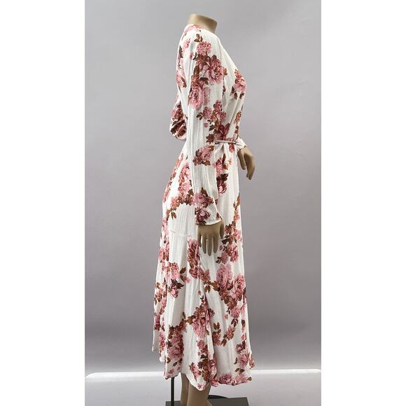 Rachel Parcell Dress Women 8 True Wrap Midi Pink Floral Print Dot Long Sleeve - Picture 6 of 9